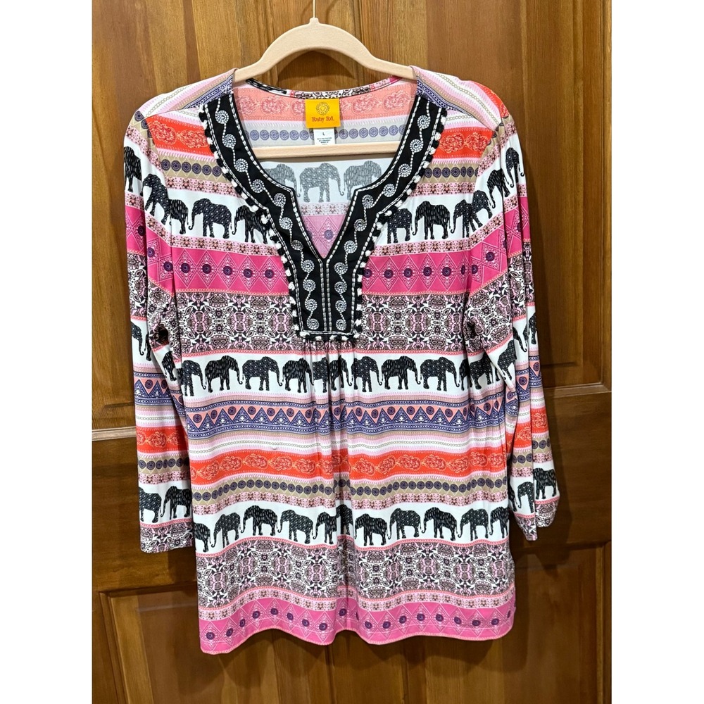 Ruby Rd Elephant Print V Neck Tunic Top Women Size L Multicolor‎ Tribal Boho